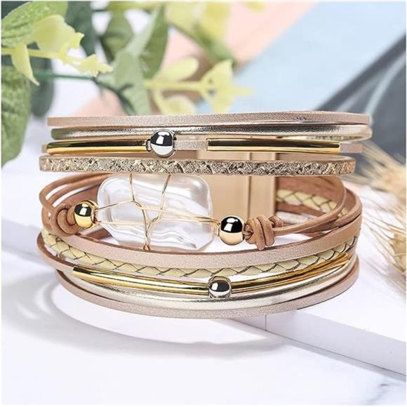 Bracelet for Women, Boho Leather Wrap Multi-Layer Pearl Crystal Bracelet Bangle - Picture 2 of 5